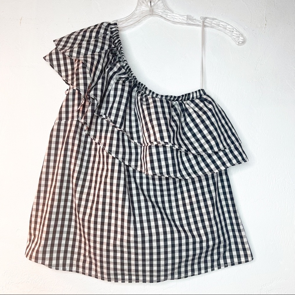 Halogen Gingham Asymmetrical Ruffle Top Size Small - Picture 7 of 8